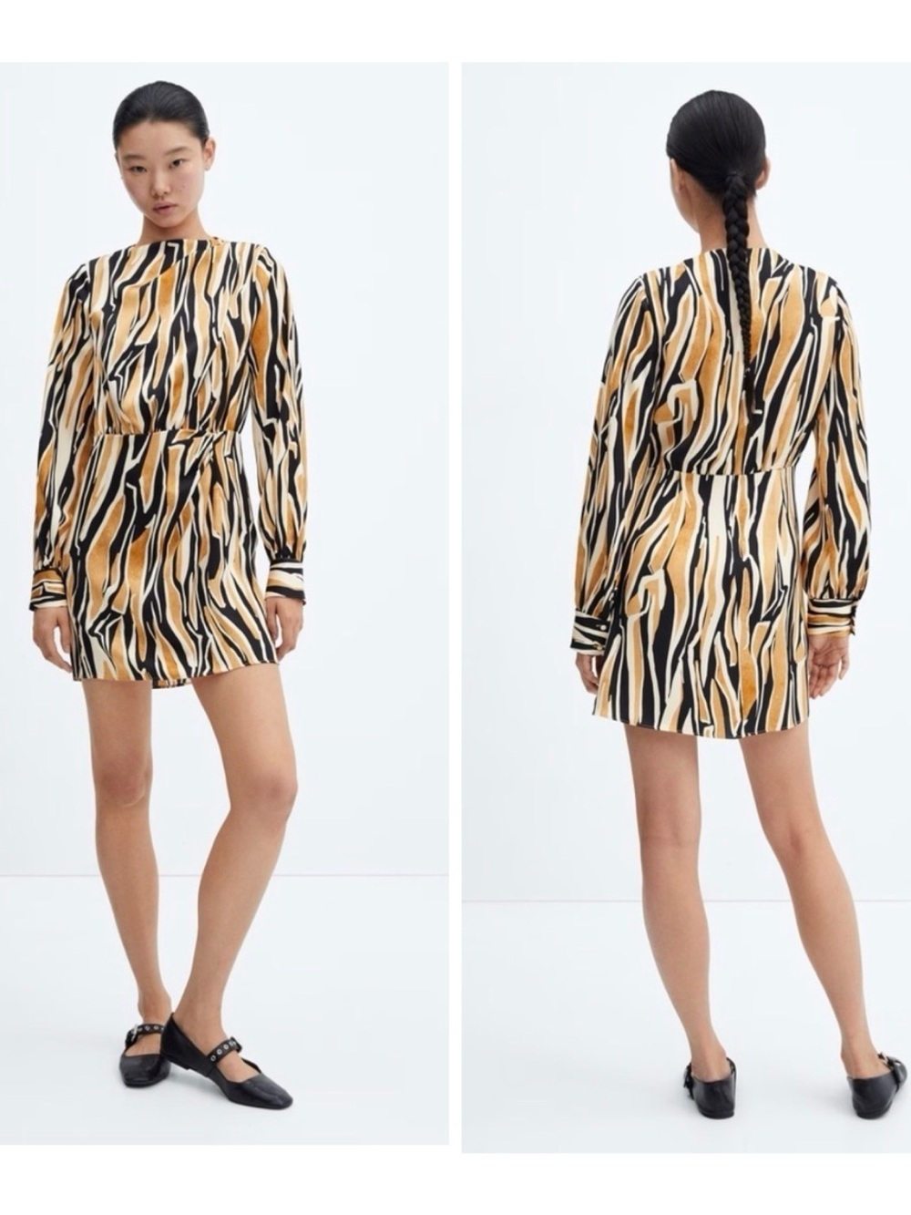 MANGO MNG Women's Size 6 Cinched Waist Zebra-Print Long Sleeve Mini Dress Chic